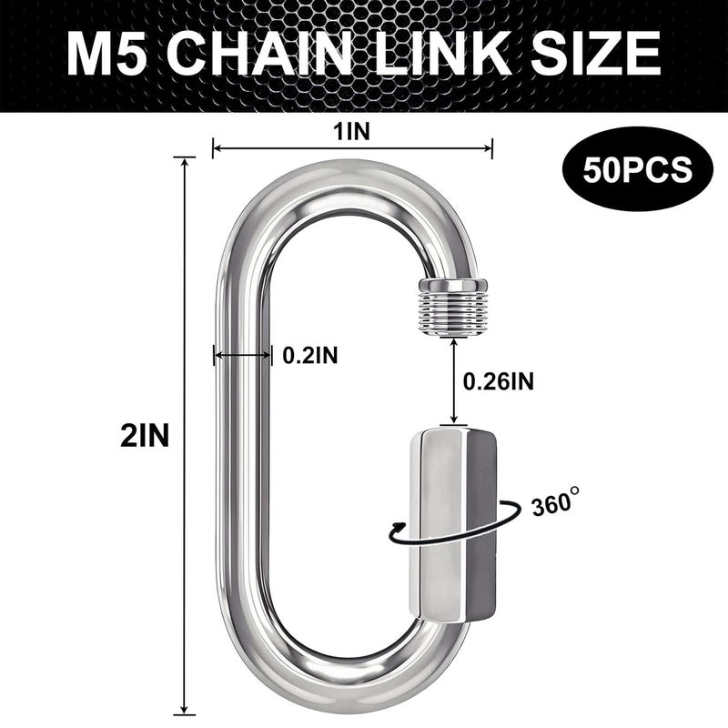AFROX 50PCS 2 Inches Chain Quick Links, M5 Galvanized Steel Thread Heavy Duty Carabiner Clips, 3/16" Locking Carabiners Connectors for Hammock, Camping, Pet Leash, Key Chain, Gym, 650 Lbs Capacity - Image 2